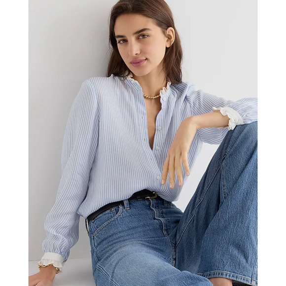 J.Crew Womens Top Medium Blue Stripes Drapey Cupro Blend Ruffle Trim Office Prep - Picture 2 of 9